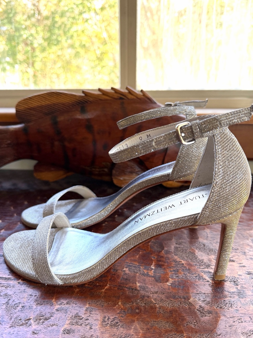 Stuart Weitzman Sparkle Glitter Strappy Heels Silver Gold 9M Wedding Nudist 75 - Picture 3 of 11
